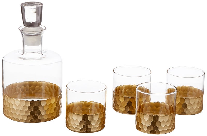 Fitz & Floyd Fitz and Floyd Daphne Decorative Whiskey Decanter Set with Top Glass for Wine, Bourbon, Brandy, Liquor, 5 Piece, Gold - Image 1